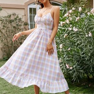 Bohemian Multicolor Plaid Summer Cami Midi Dress